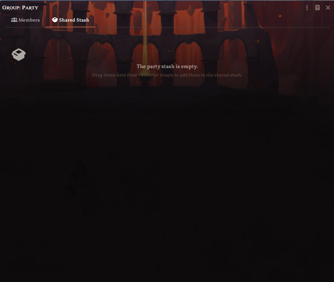 Screenshot of the Crucible Party Stash shared inventory tab on the Foundry VTT Group Actor sheet